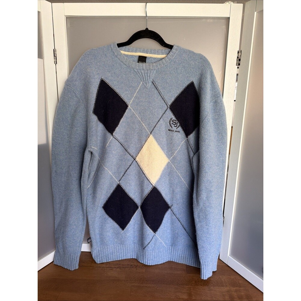 Vintage Sean John Argyle Sweater Crewneck Mens XXL Light Blue Y2K Hip Hop